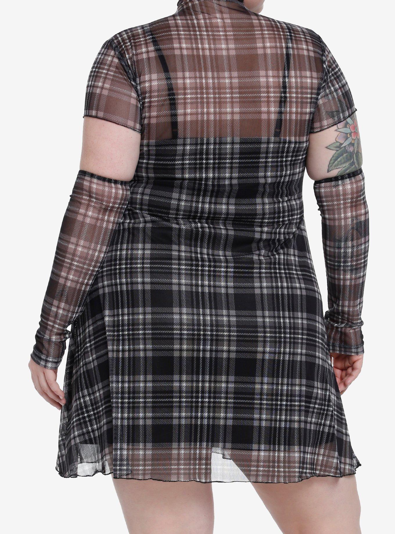 Social Collision Black & Gray Mesh Dress With Arm Warmers Plus Size, PLAID - BLACK, alternate