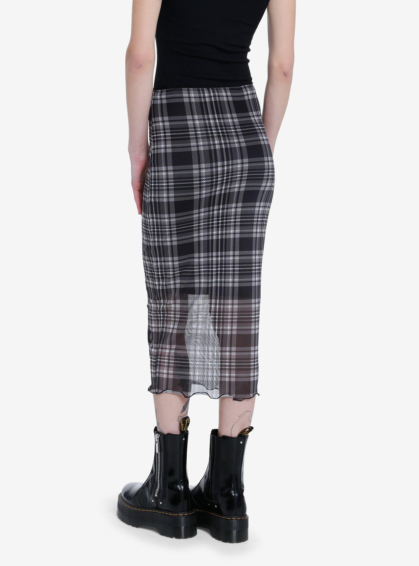 Social Collision Black Plaid Mesh Midi Skirt, PLAID - BLACK, alternate
