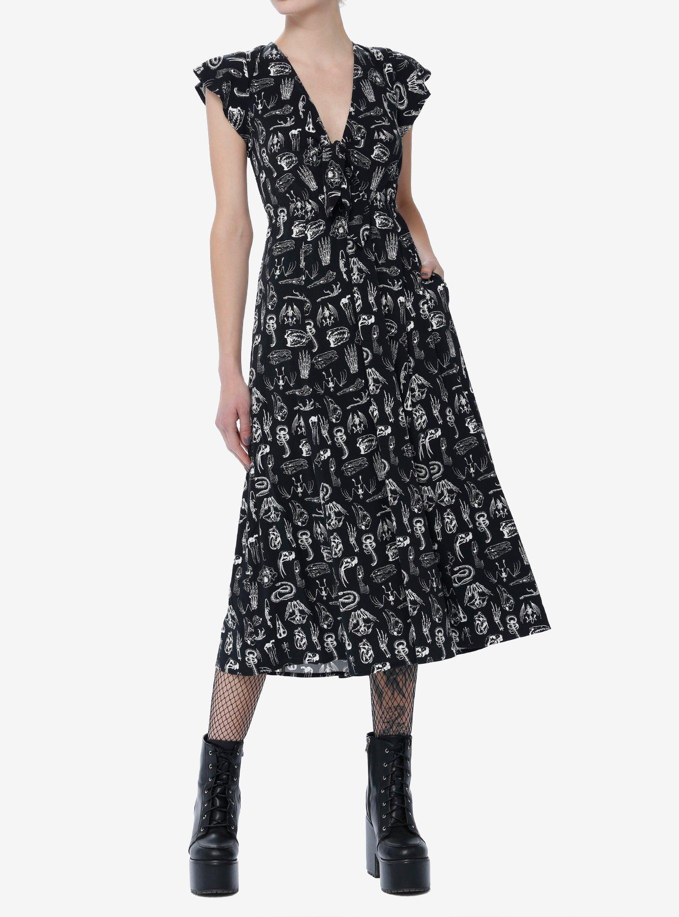 Social Collision Animal Anatomy Tie-Front Midi Dress, BLACK, alternate