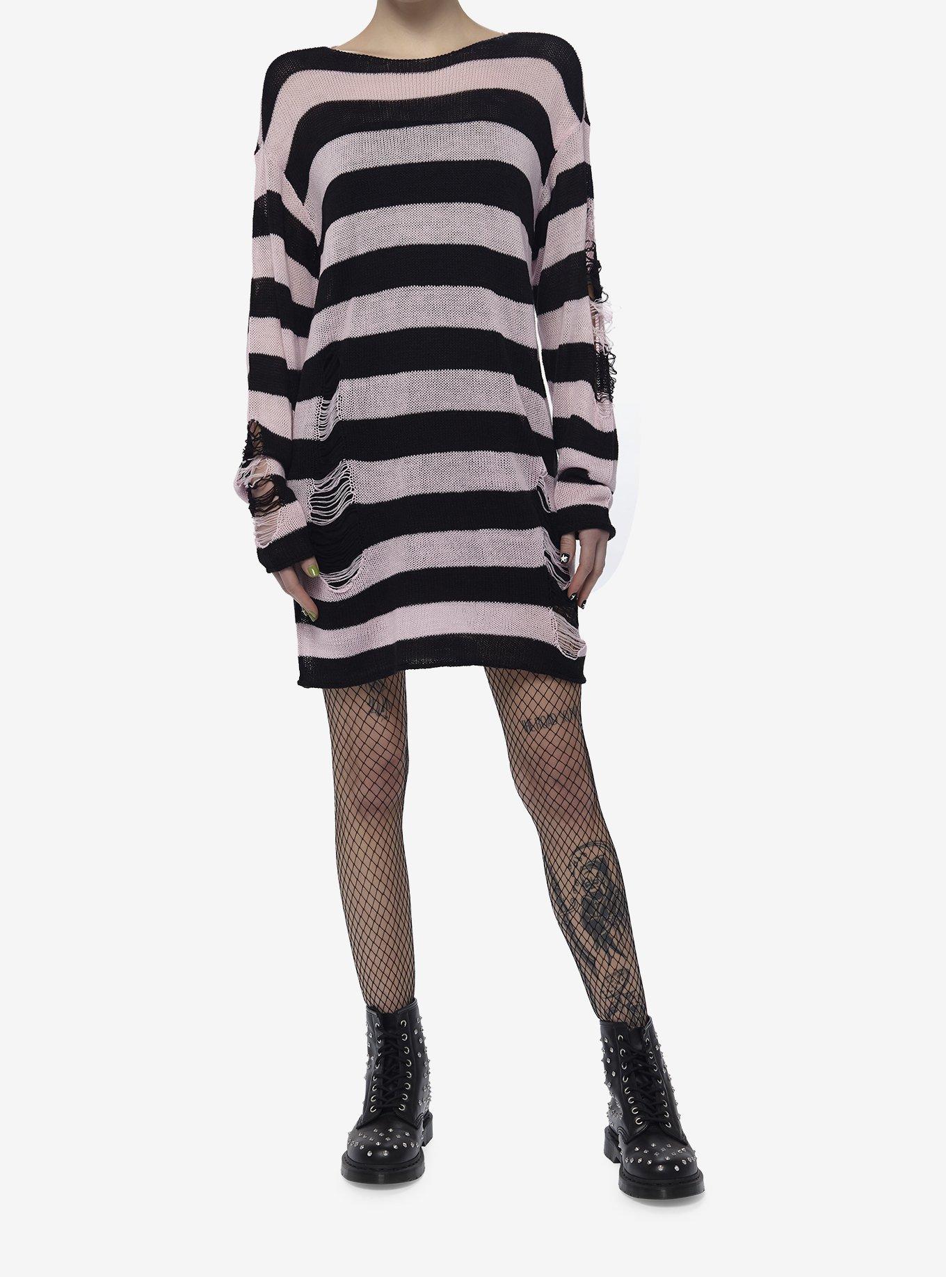 Social Collision Pink & Black Distressed Sweater Dress, STRIPE-PINK, alternate