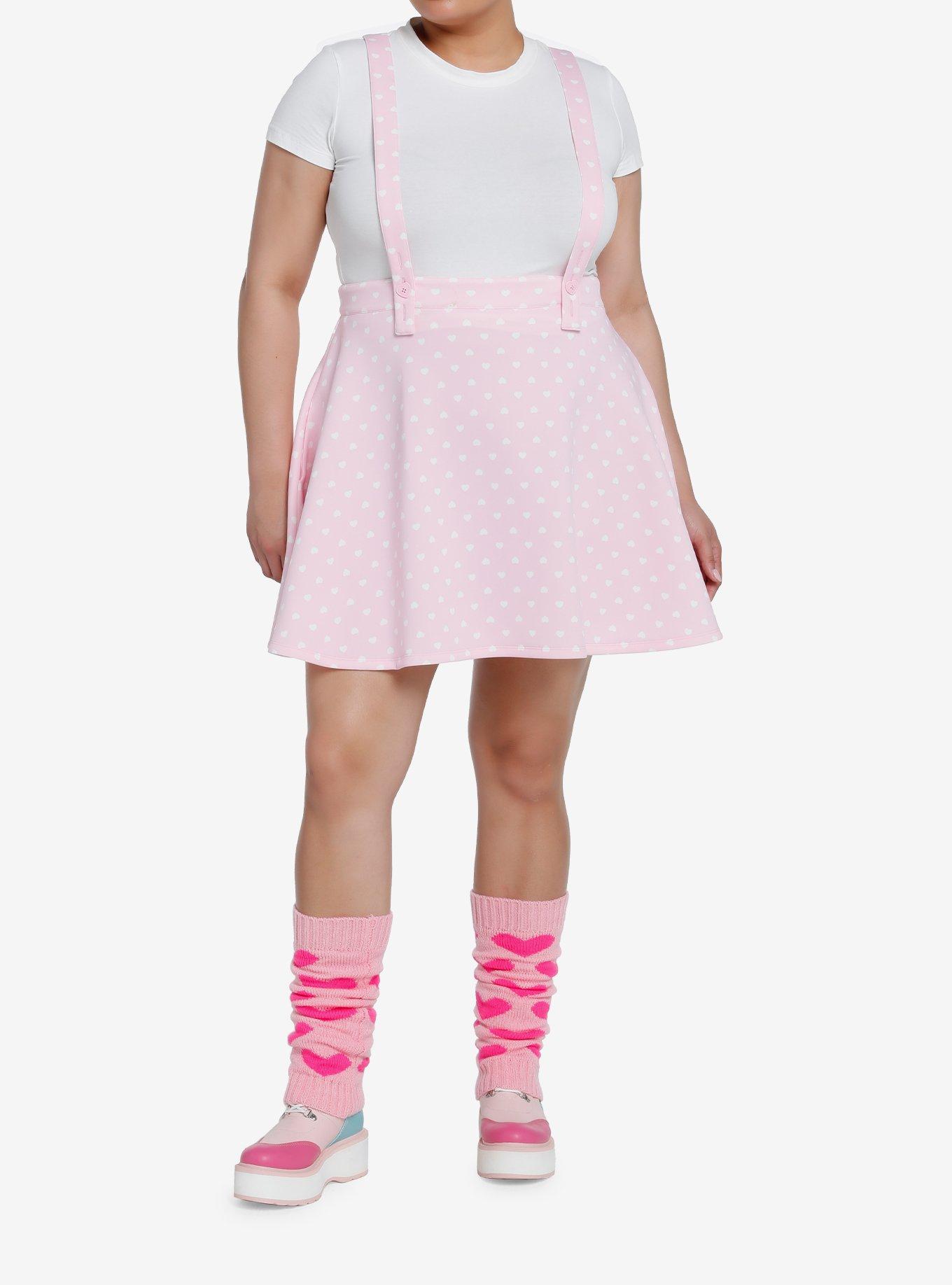 Sweet Society Pink & White Heart Bow Suspender Skirt Plus Size, PINK, alternate