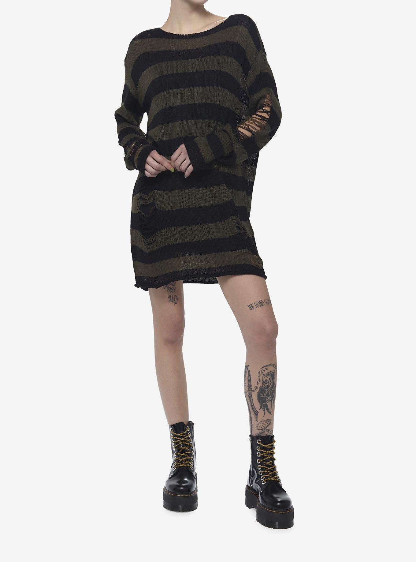 Social Collision Green & Black Distressed Sweater Dress, STRIPE - GREEN, alternate