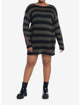 Plus Size Social Collision Green & Black Distressed Sweater Dress Plus Size, , hi-res