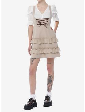 Plus Size Coffee Lace-Up Tiered High-Waisted Suspender Skirt, , hi-res