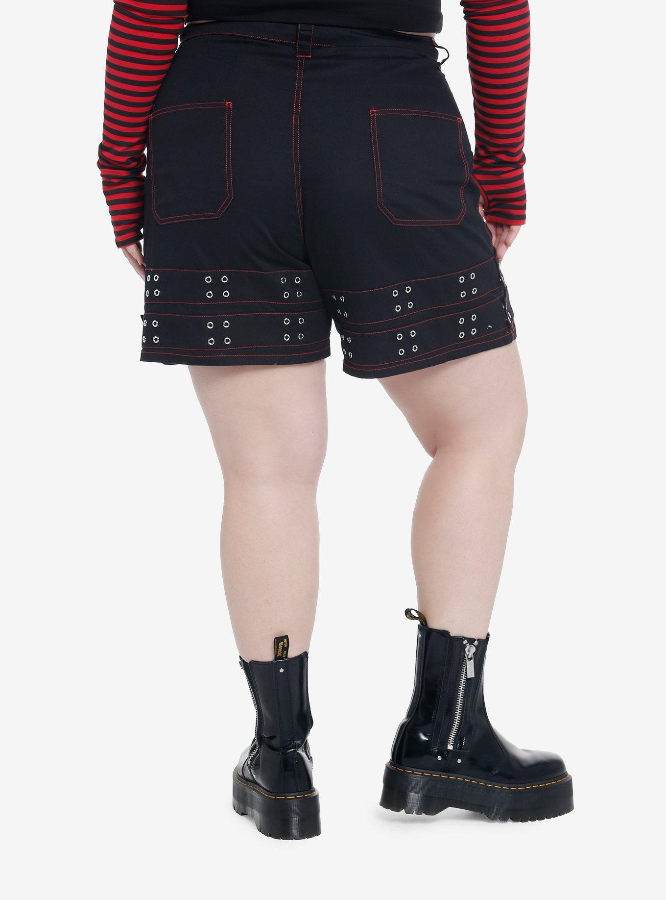 Black Double Belt Carpenter Shorts Plus Size, , hi-res