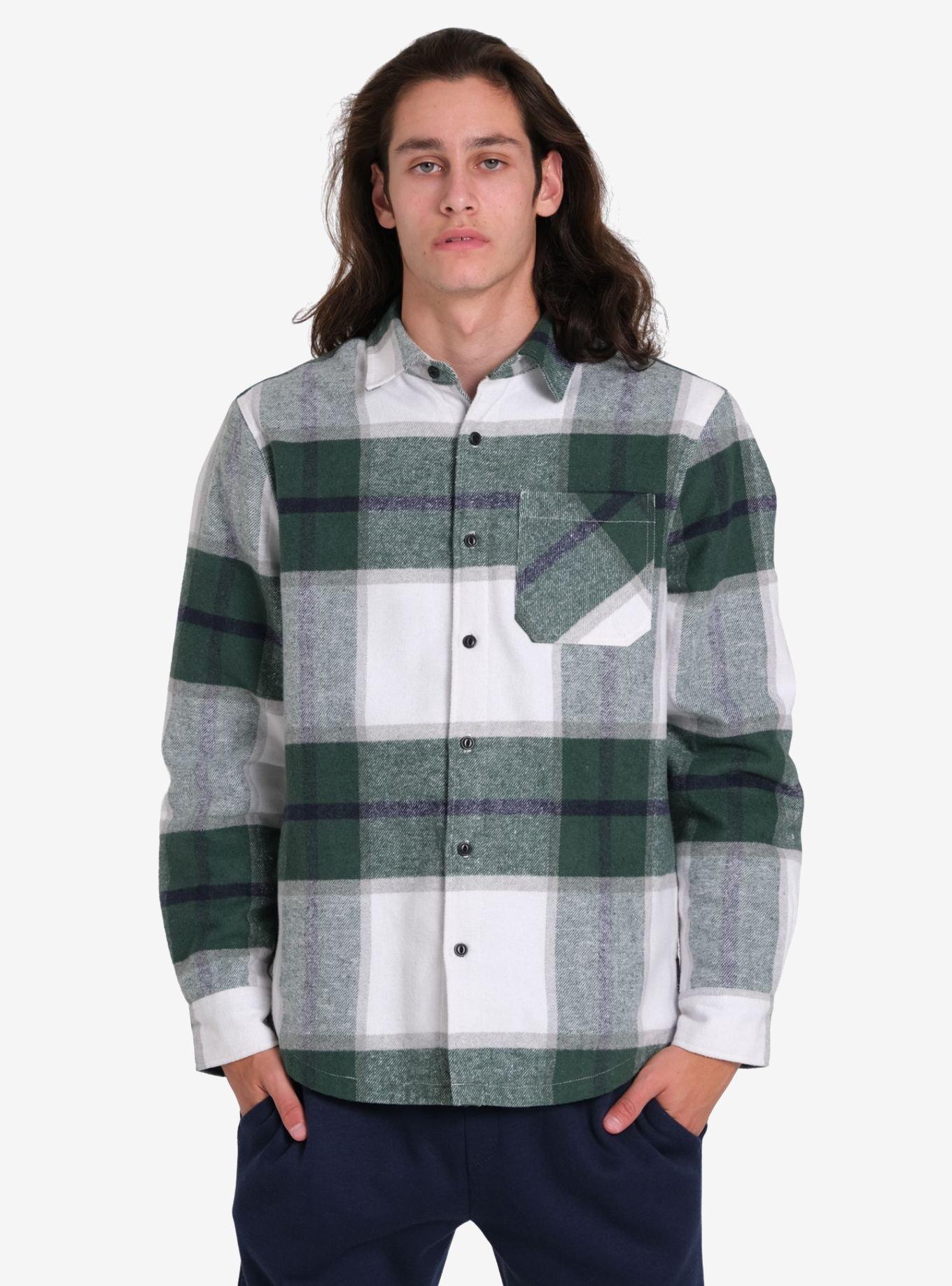 Green Thermal Lined Flannel Long Sleeve Shacket Button-Up Shirt Jacket, GREEN, alternate