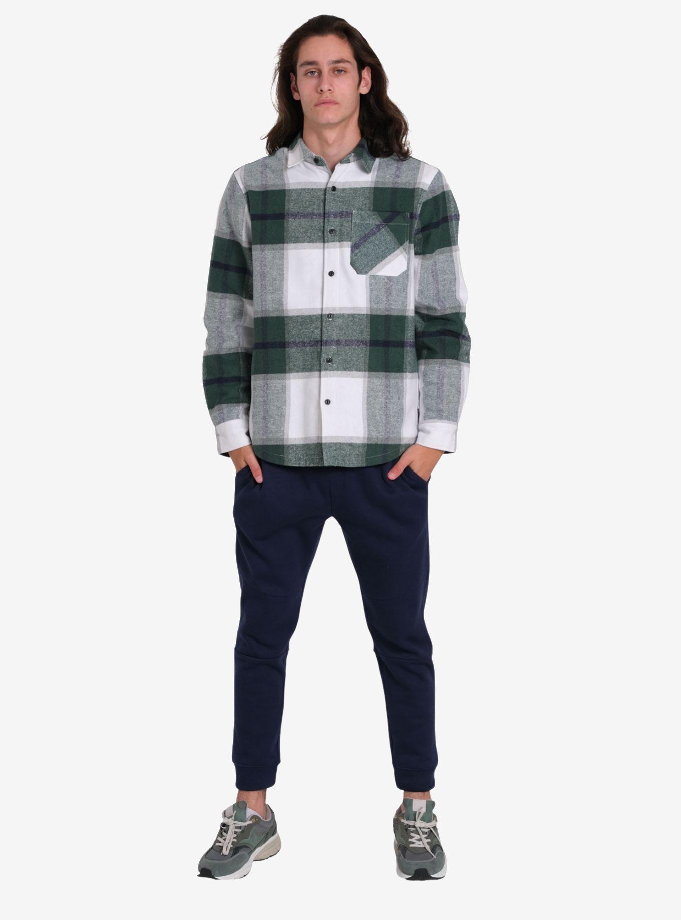Green Thermal Lined Flannel Long Sleeve Shacket Button-Up Shirt Jacket, GREEN, alternate