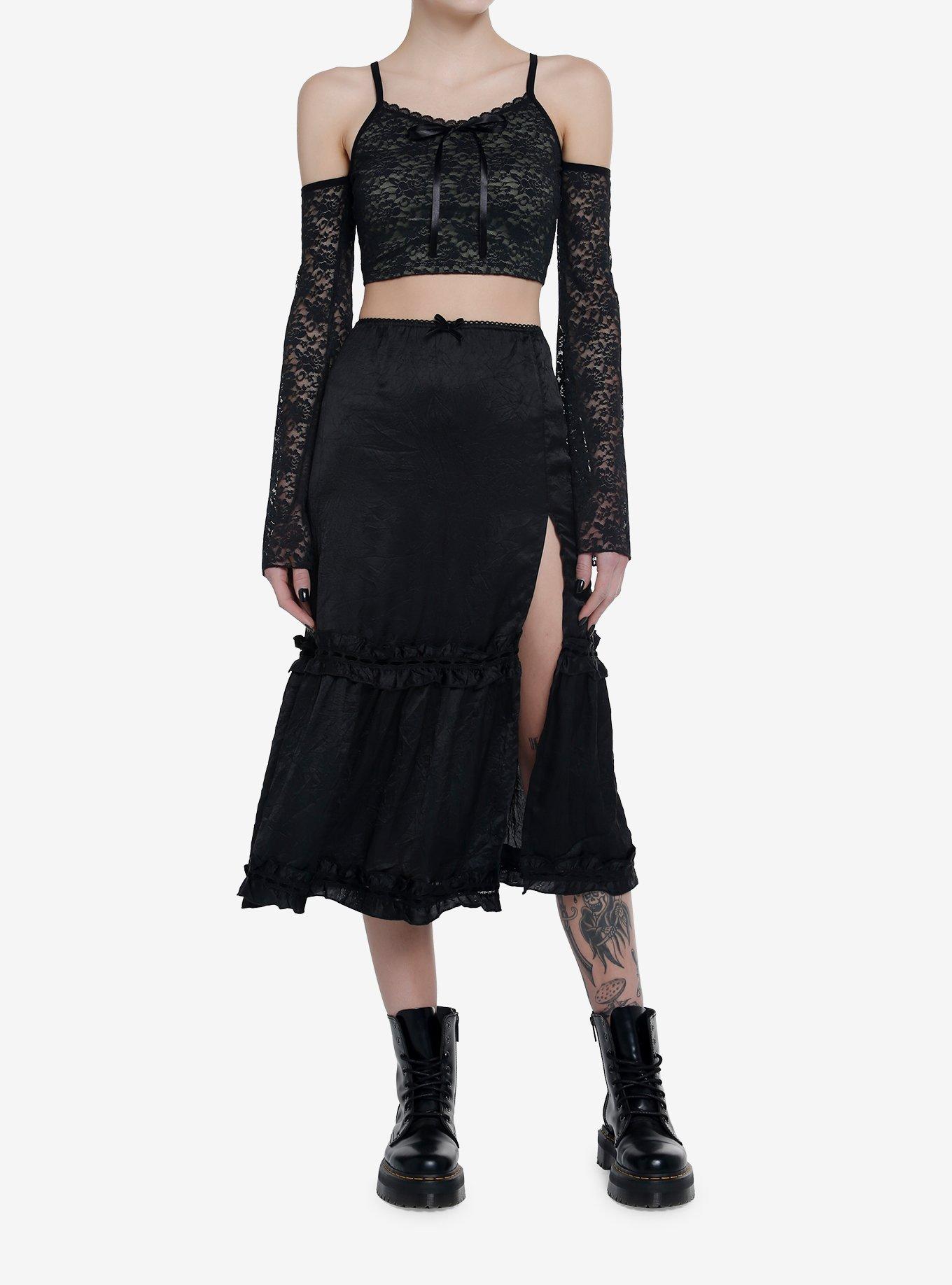 Thorn & Fable Green & Black Lace Cold Shoulder Girls Crop Top