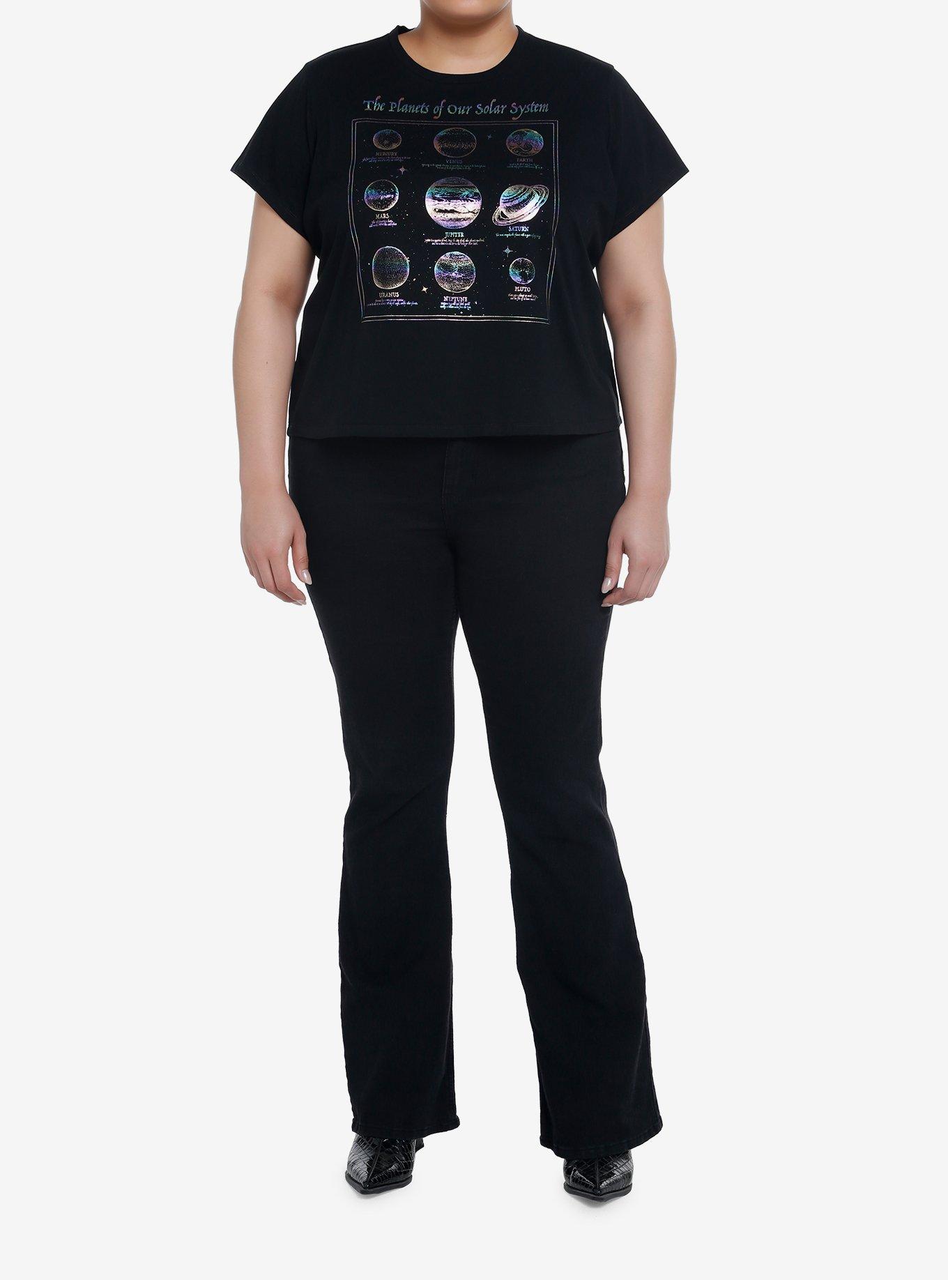 Cosmic Aura Solar System Planets Metallic Print Girls Crop T-Shirt Plus Size, BLACK, alternate