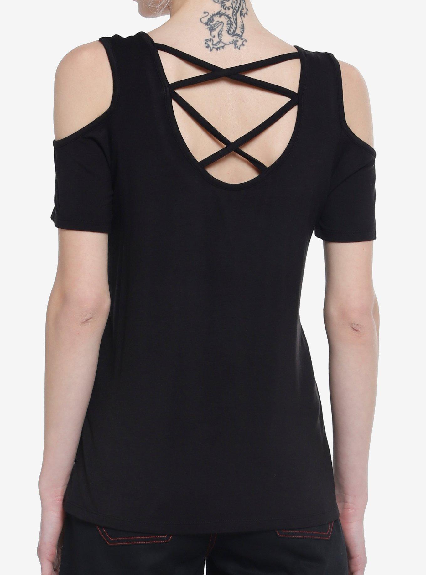 Social Collision Skull Girls Cold Shoulder Top, BLACK, alternate
