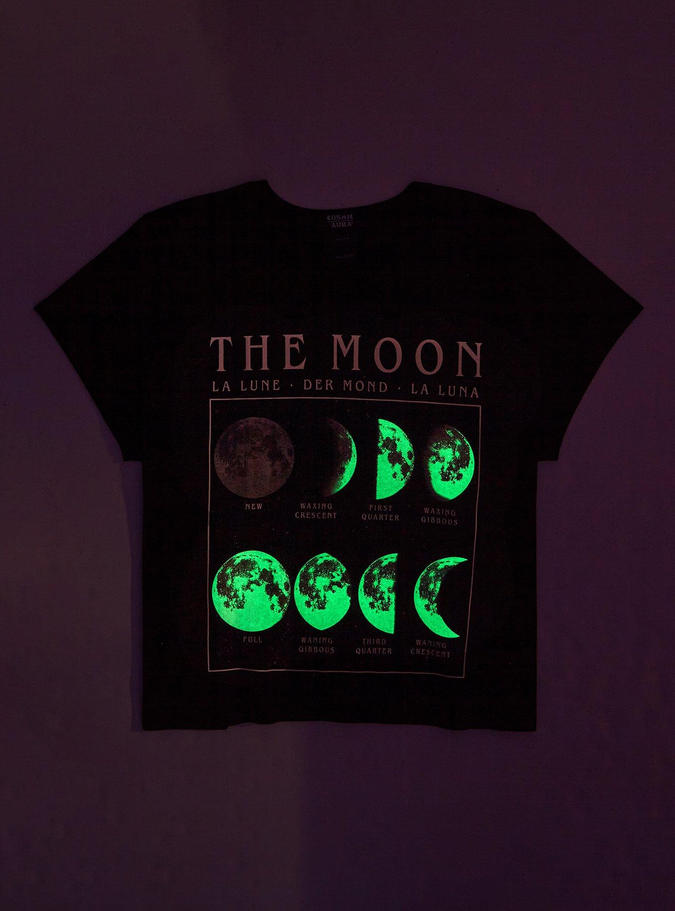 Cosmic Aura Moon Phases Glow-In-The-Dark Girls Crop T-Shirt Plus Size, BLACK, alternate