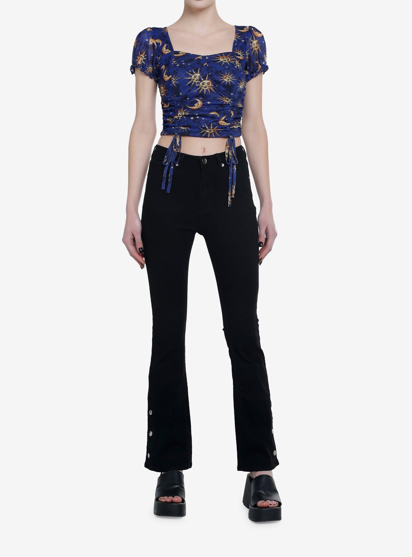 Cosmic Aura Sun & Moon Ruched Girls Crop Top, CELESTIAL BLUE, alternate