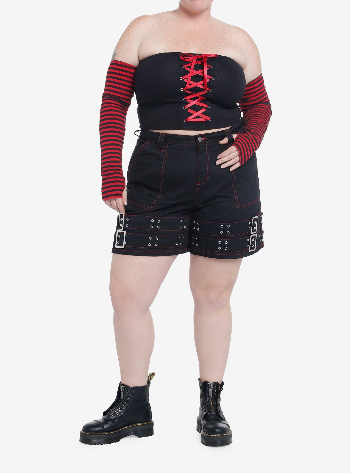 Red & Black Tube Top With Stripe Arm Warmers Plus Size, STRIPE - RED, alternate
