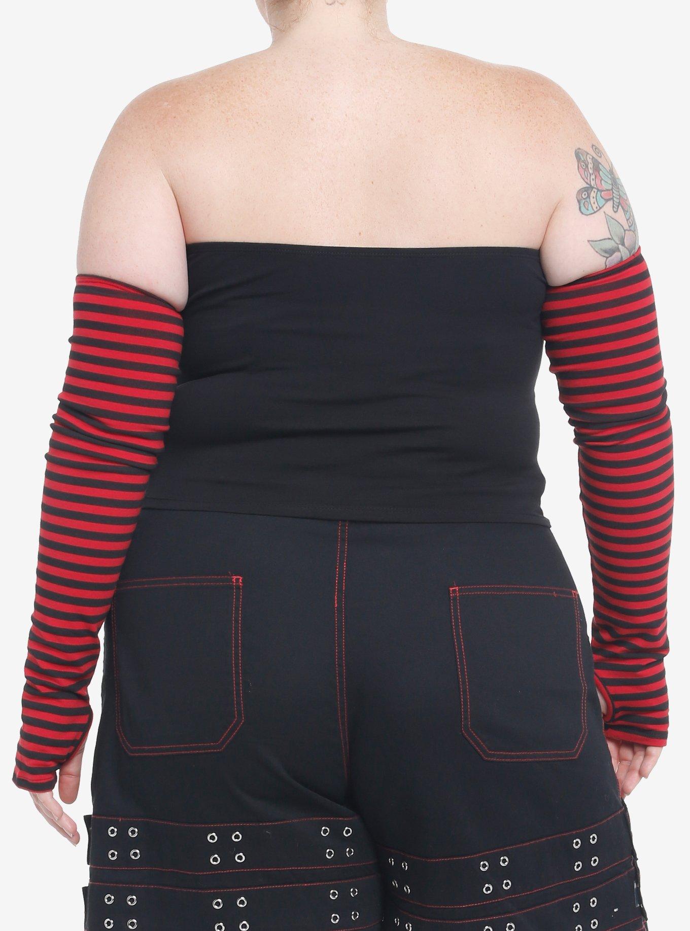 Red & Black Tube Top With Stripe Arm Warmers Plus Size, STRIPE - RED, alternate