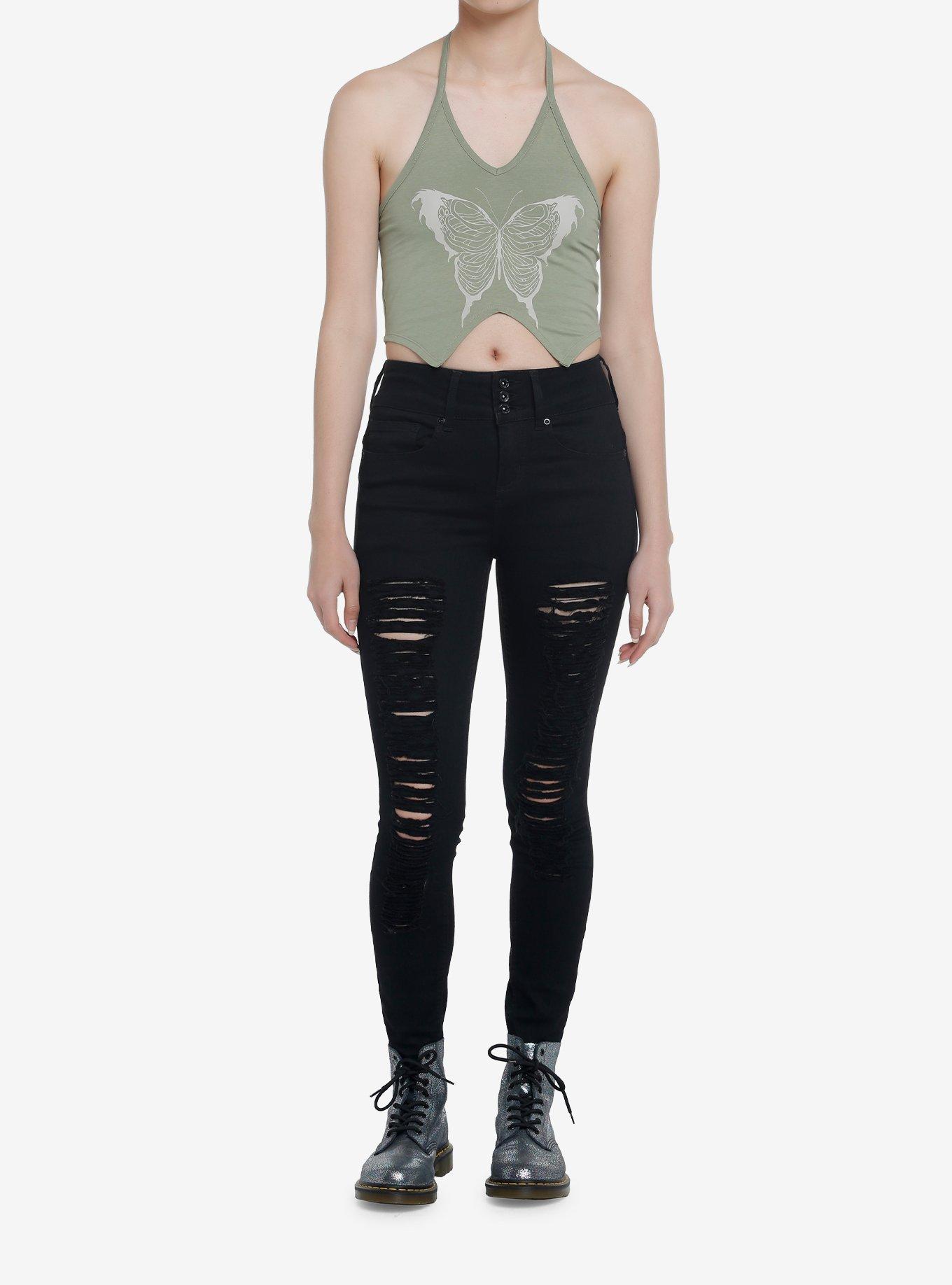 Thorn & Fable Death Butterfly V-Hem Crop Girls Halter Tank Top, , hi-res