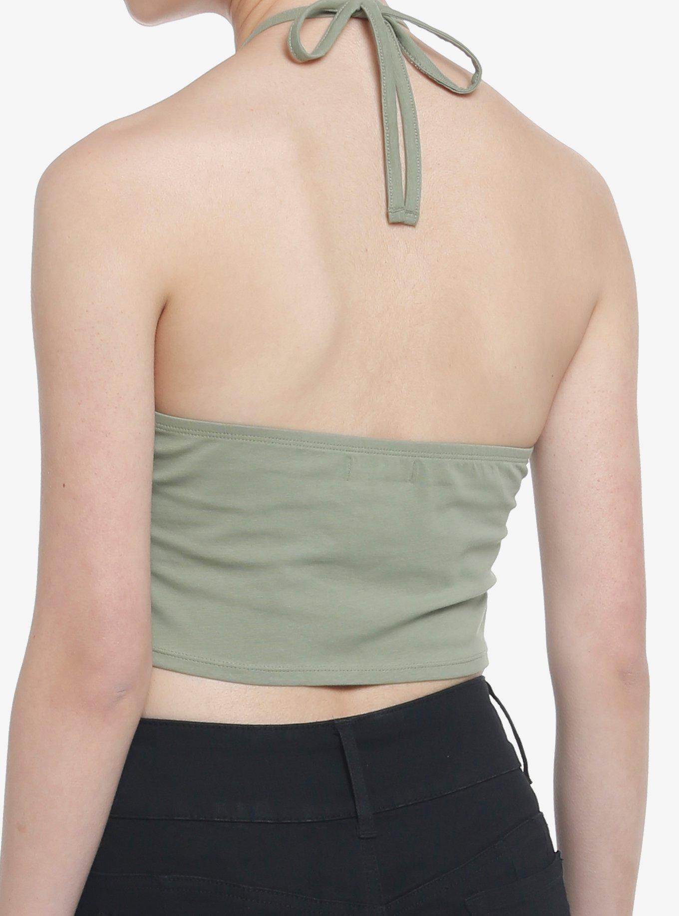 Thorn & Fable Death Butterfly V-Hem Crop Girls Halter Tank Top, FOREST GREEN, alternate