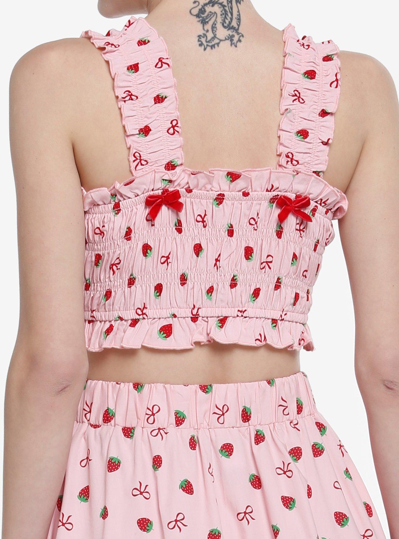 Pink Strawberry Smocked Girls Crop Tank Top, PINK, alternate
