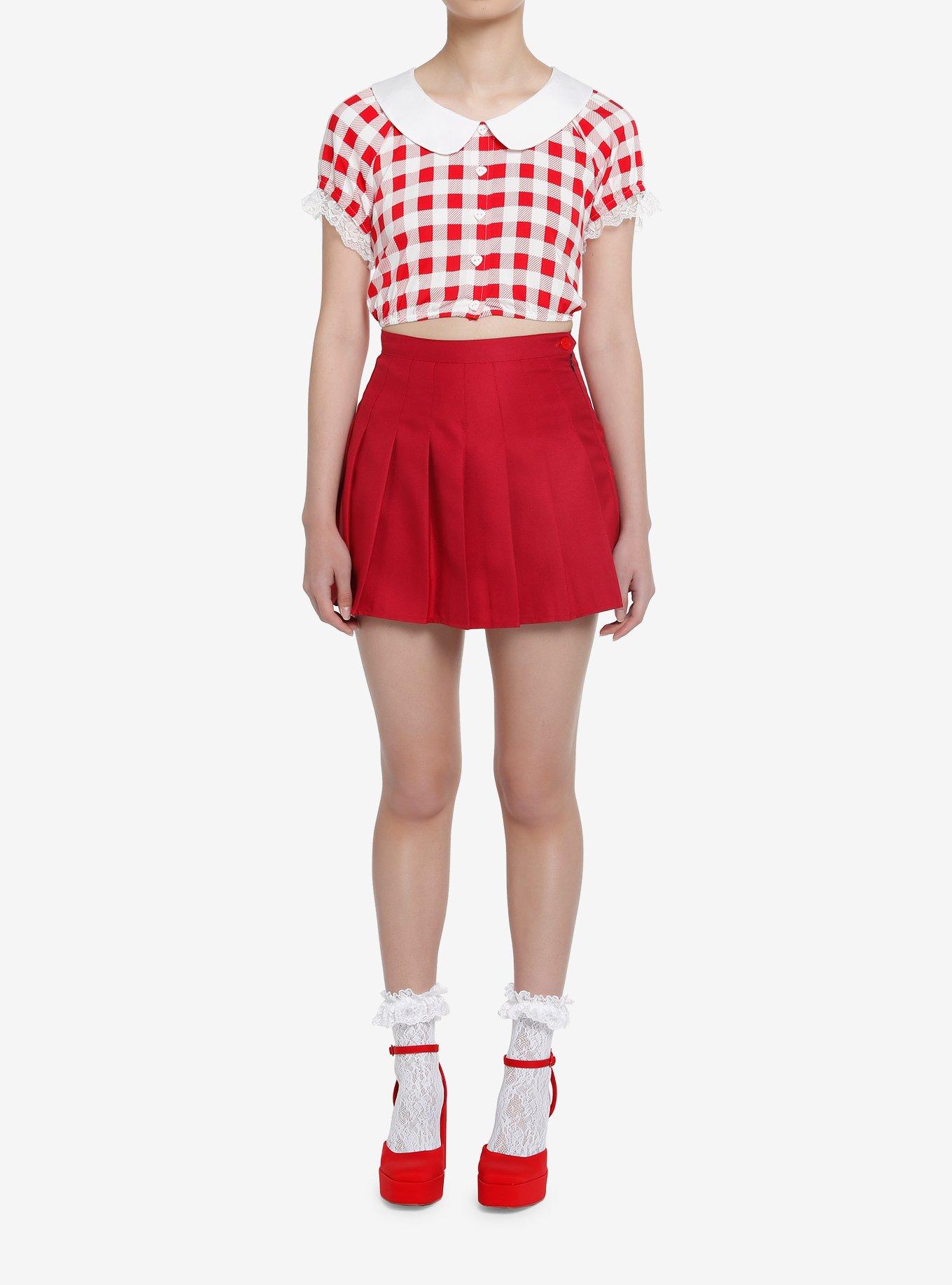 Sweet Society Red Gingham Girls Crop Woven Button-Up, GINGHAM PLAID, alternate