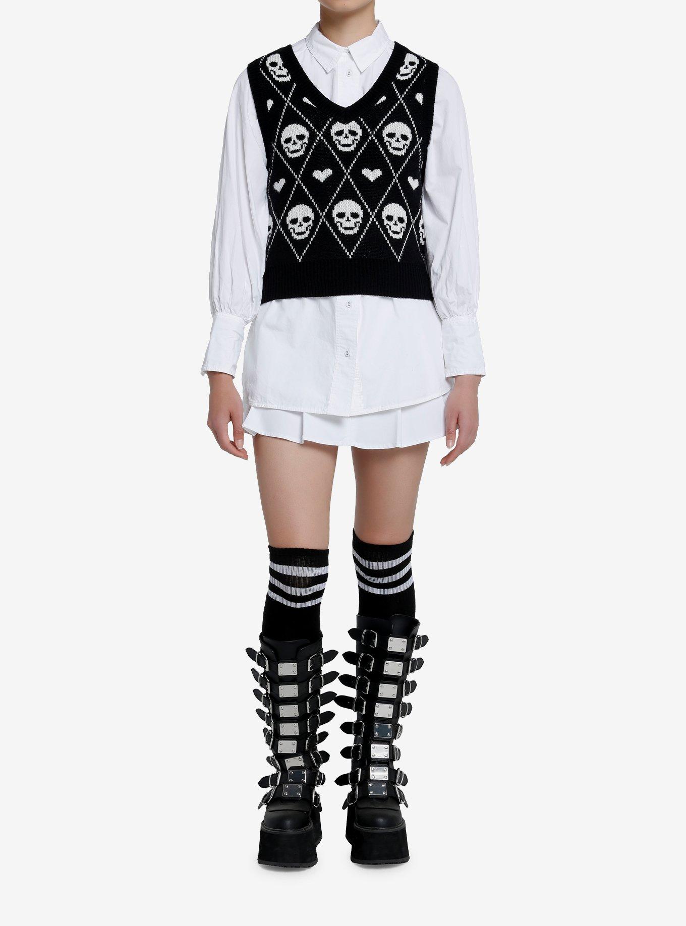 Social Collision Skull Heart Knit Girls Sweater Vest, BLACK, alternate
