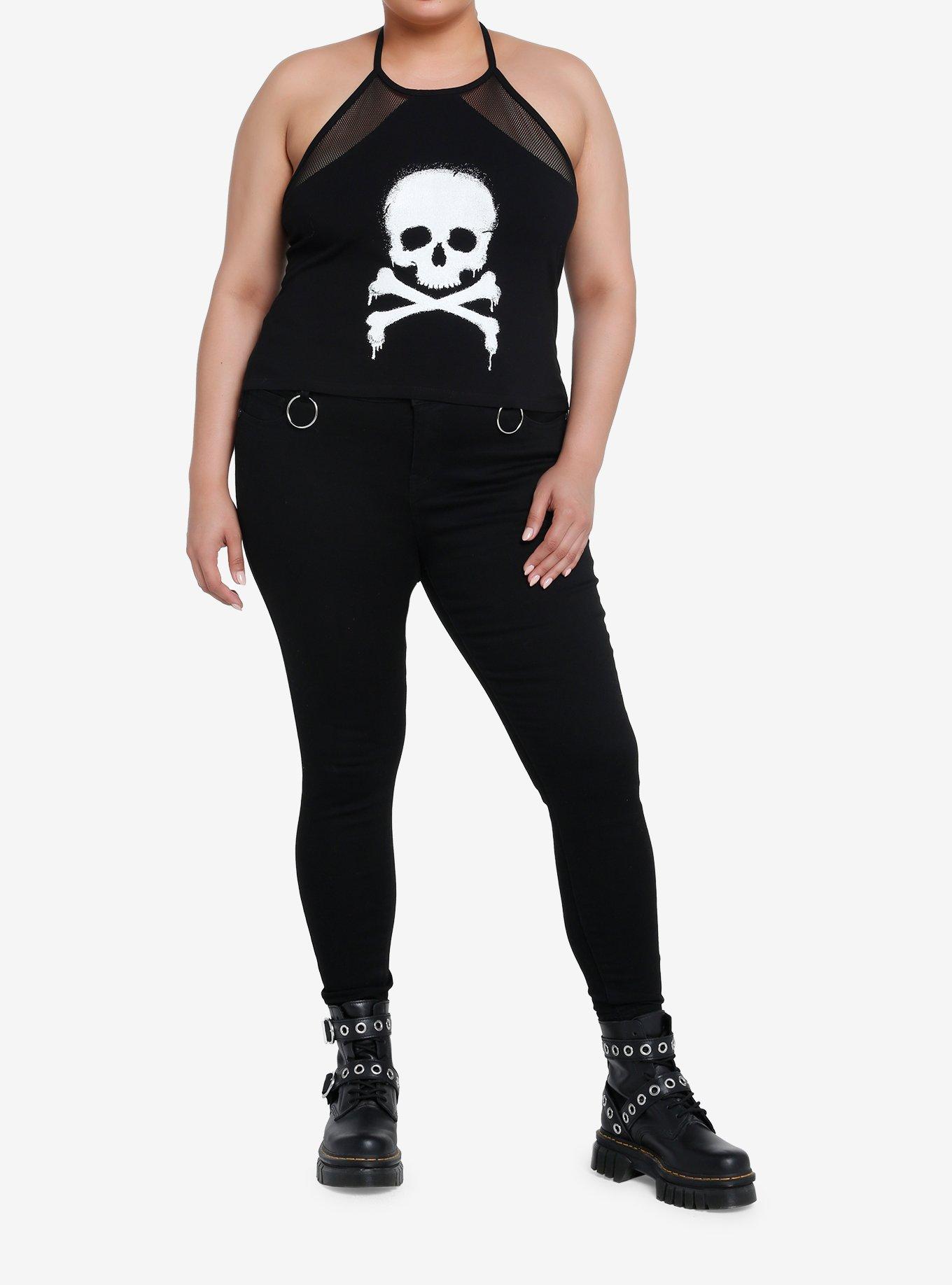 Crossbone Mesh Girls Halter Tank Top Plus Size, BLACK, alternate