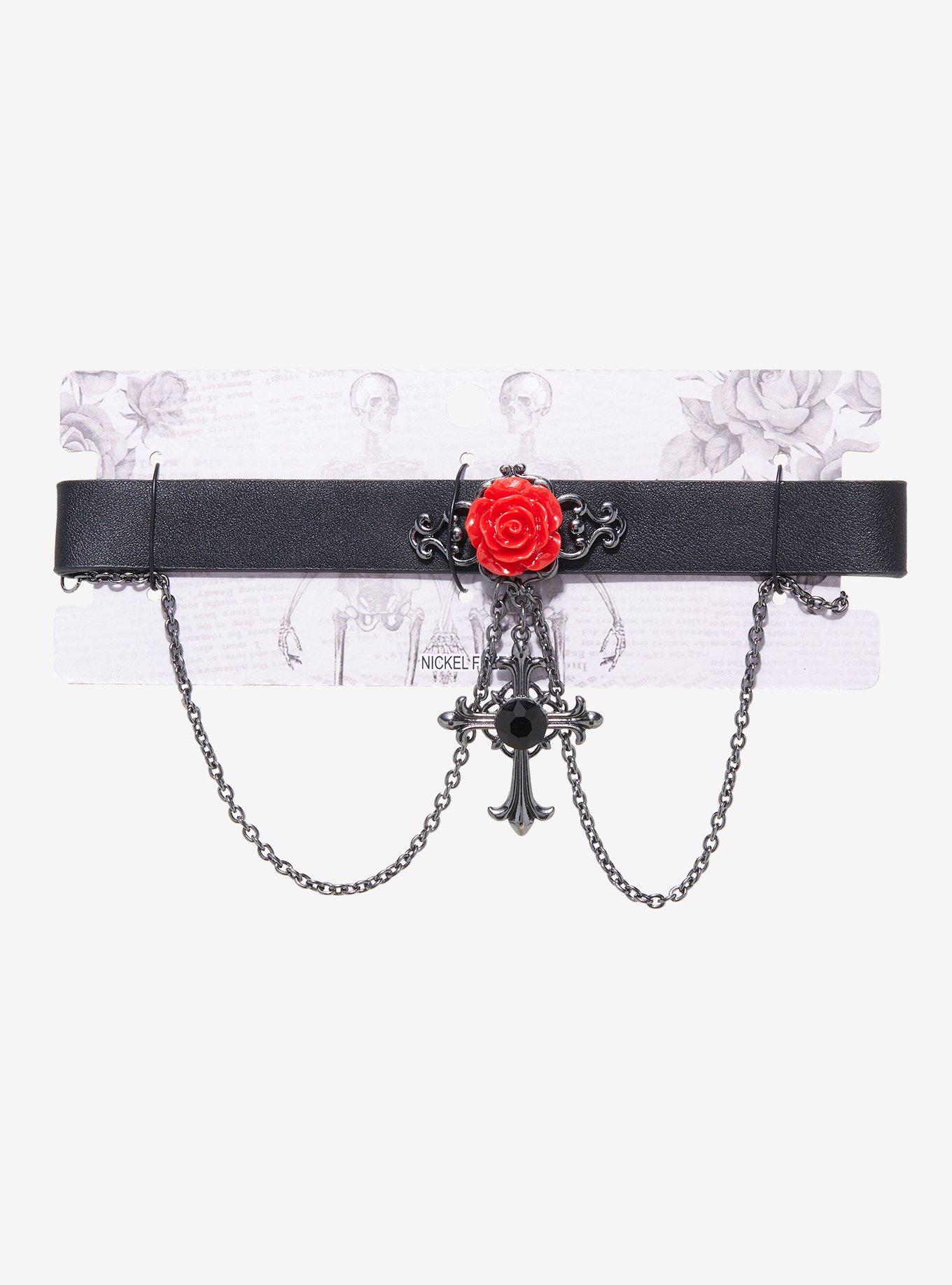 Red Rose Gothic Cross Chain Choker, , alternate