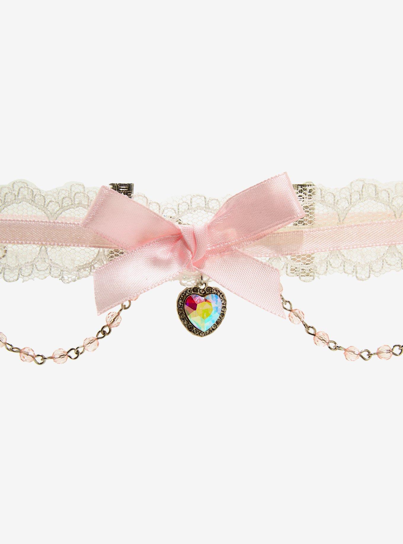 Pink Lace Bow Heart Choker, , alternate