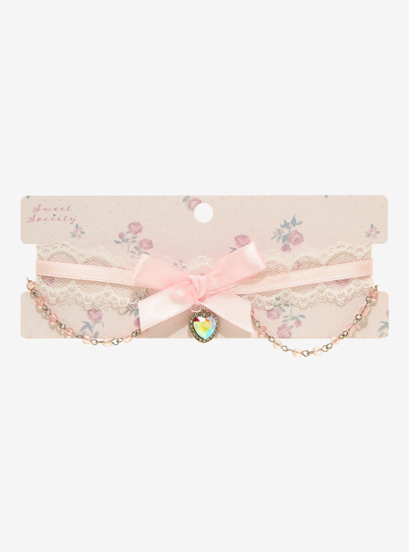Pink Lace Bow Heart Choker, , alternate