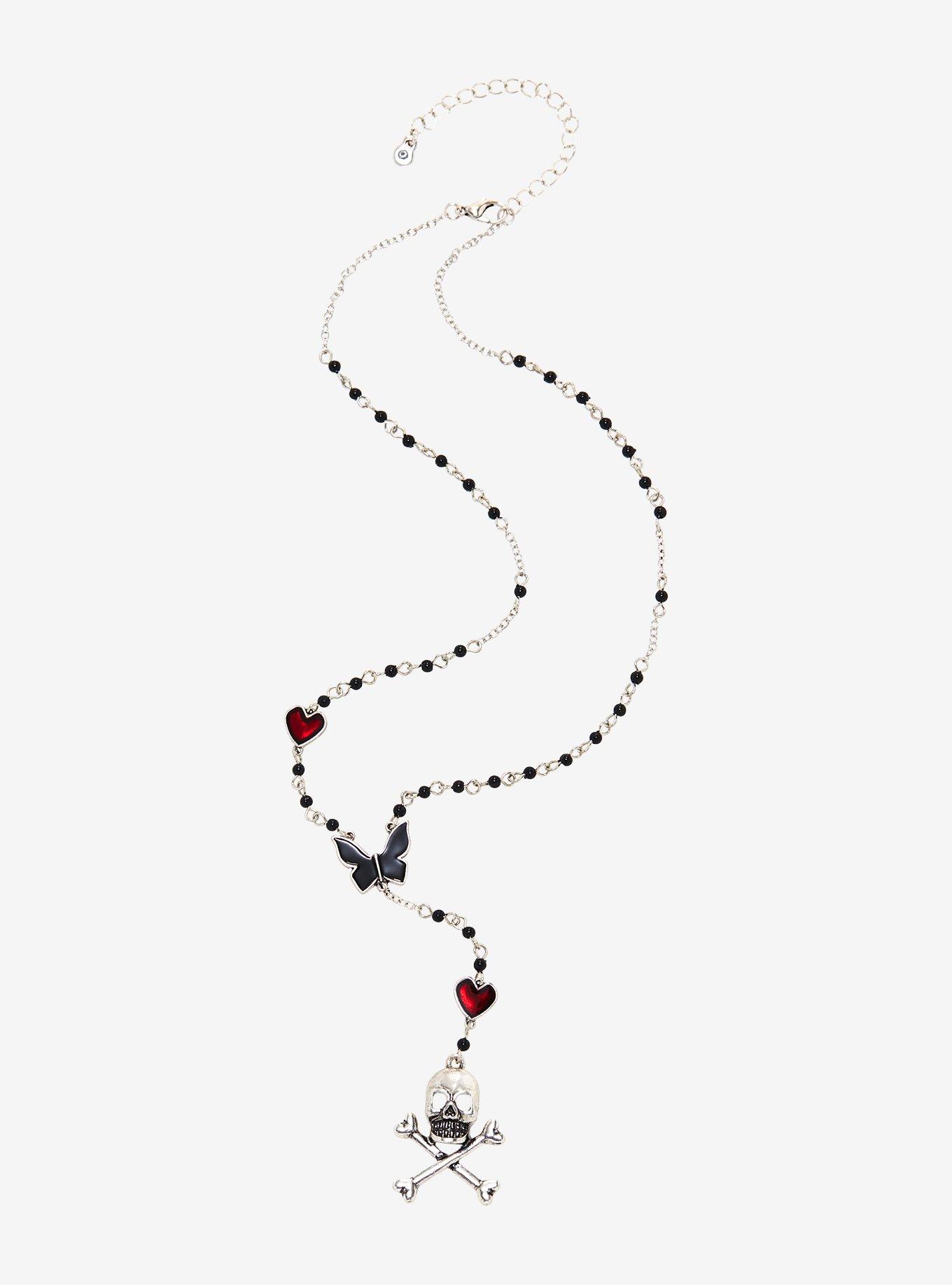 Skull Red Heart Gem Rosary Necklace, , alternate