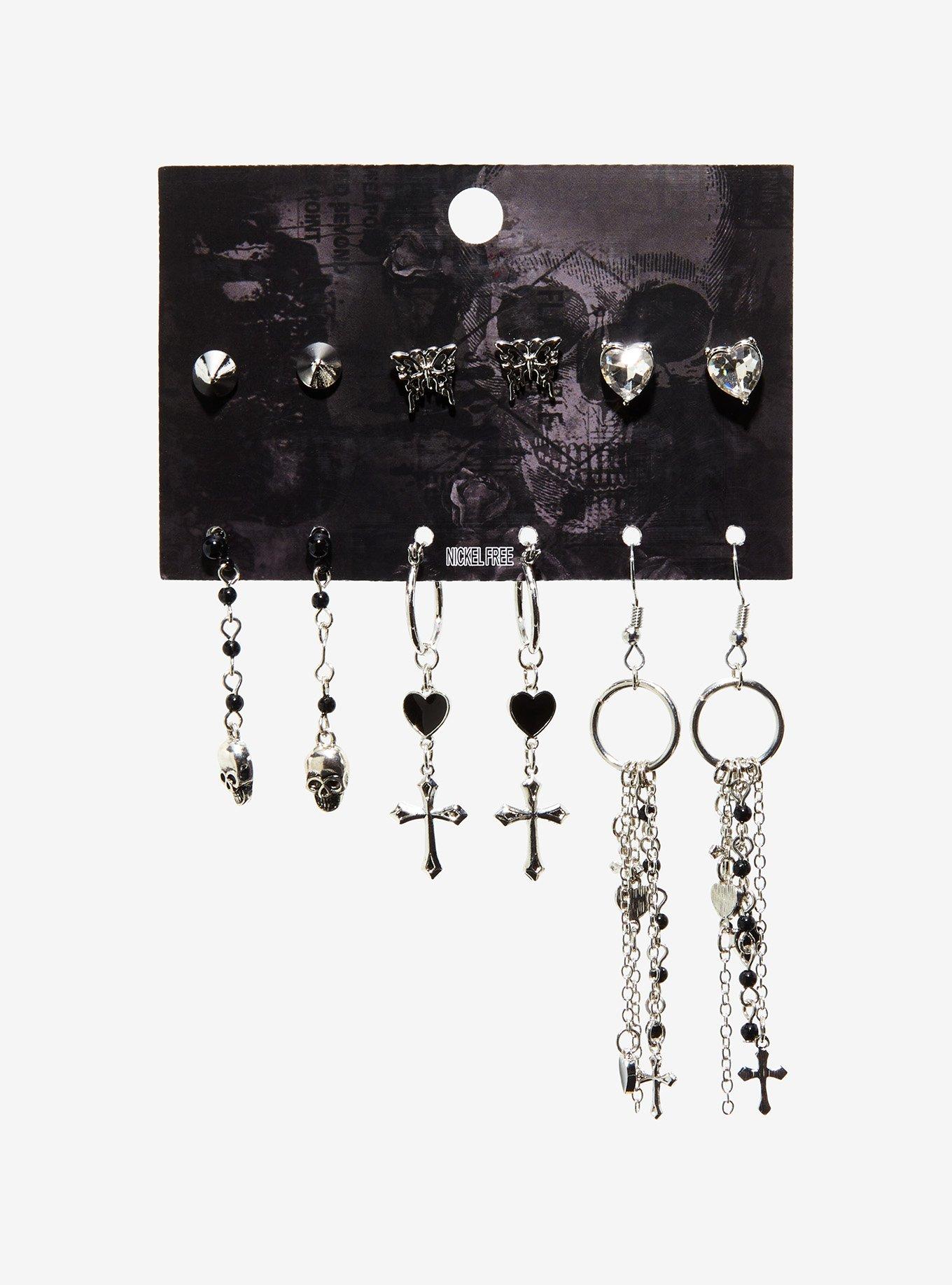 Skull Cross Chain Earring Set, , alternate
