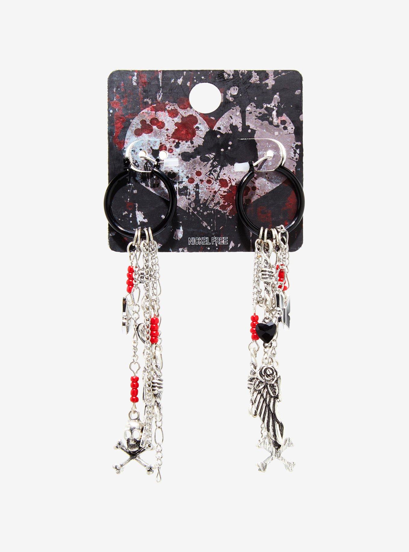 Black & Red Skull Chains Hoop Earrings, , alternate