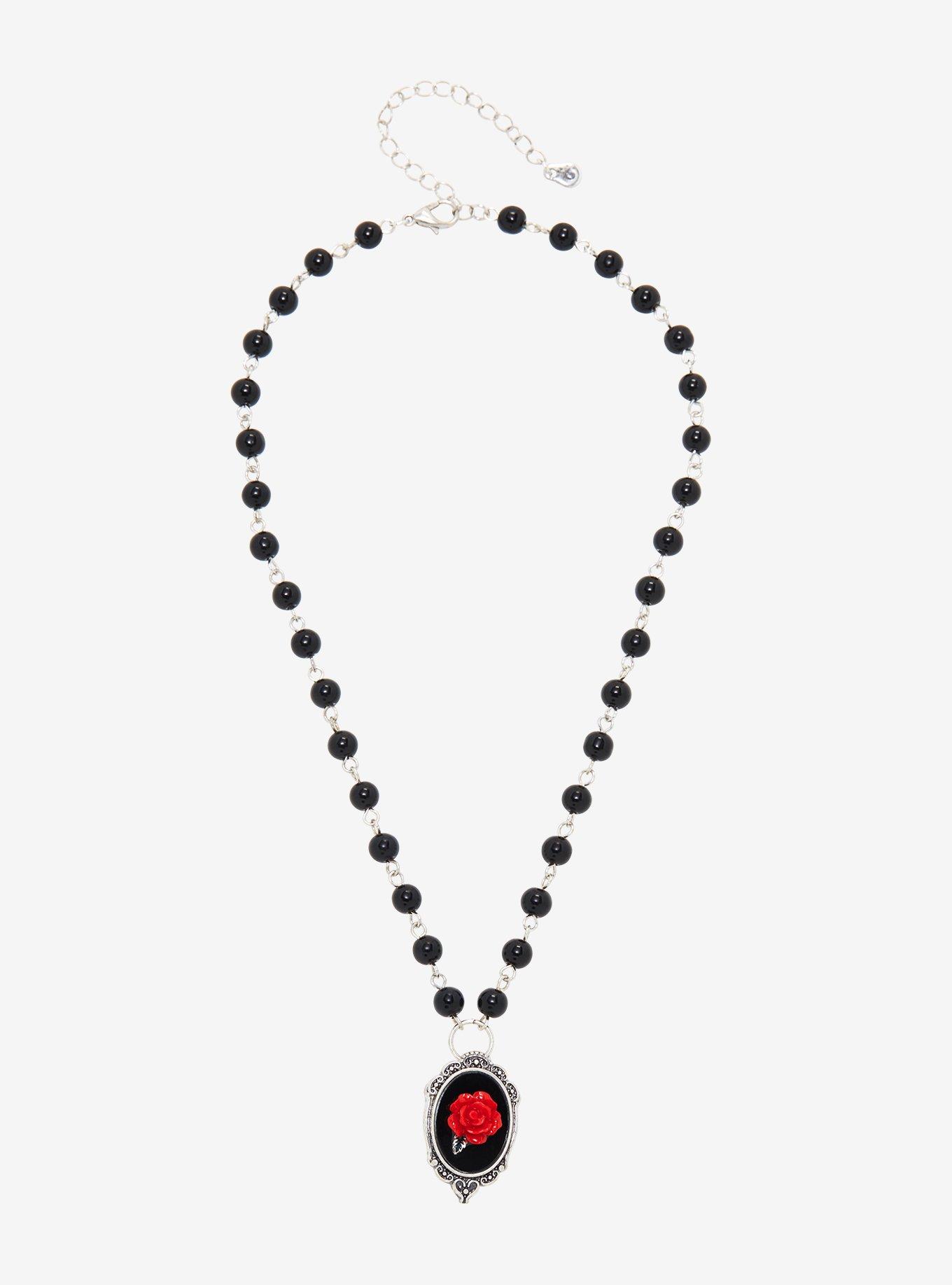 Red Rose Cameo Bead Necklace, , alternate