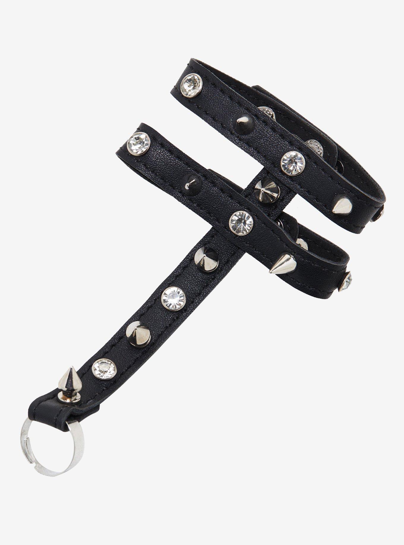 Faux Leather Spike Hand Ring Bracelet, , alternate