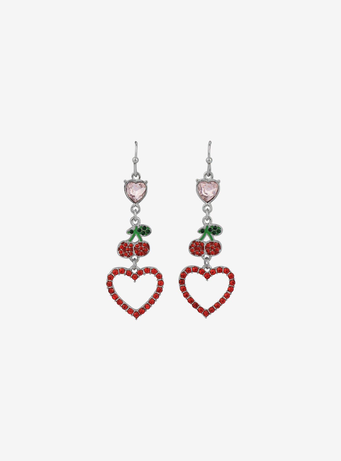 Red Cherry Heart Bling Earrings, , hi-res