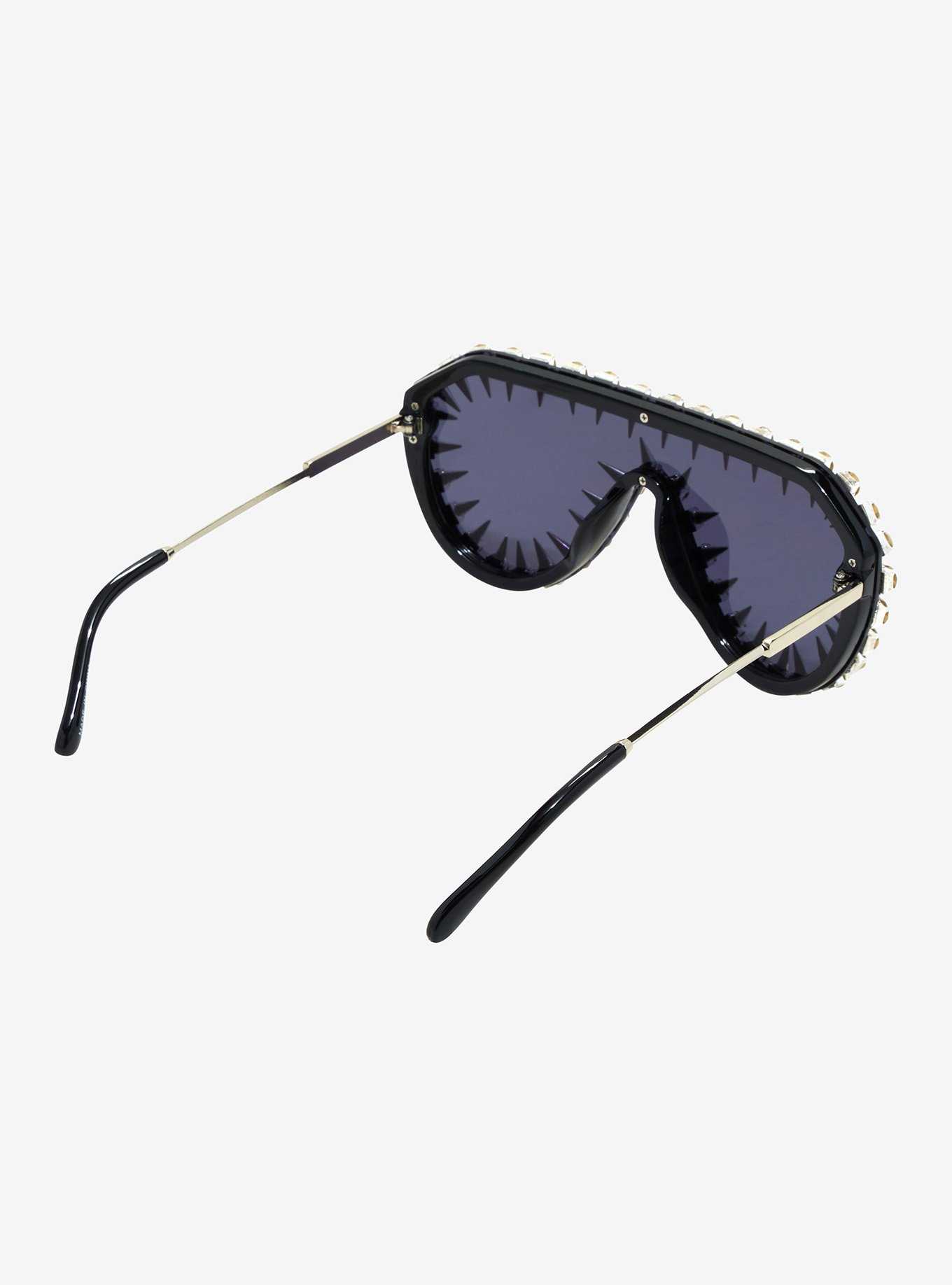 Black Rhinestone Spike Aviator Sunglasses, , hi-res