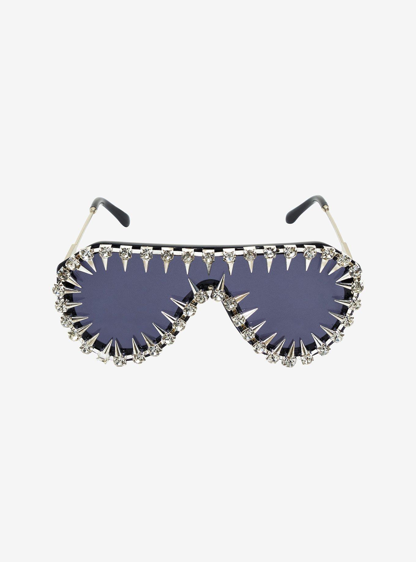 Black Rhinestone Spike Aviator Sunglasses, , alternate