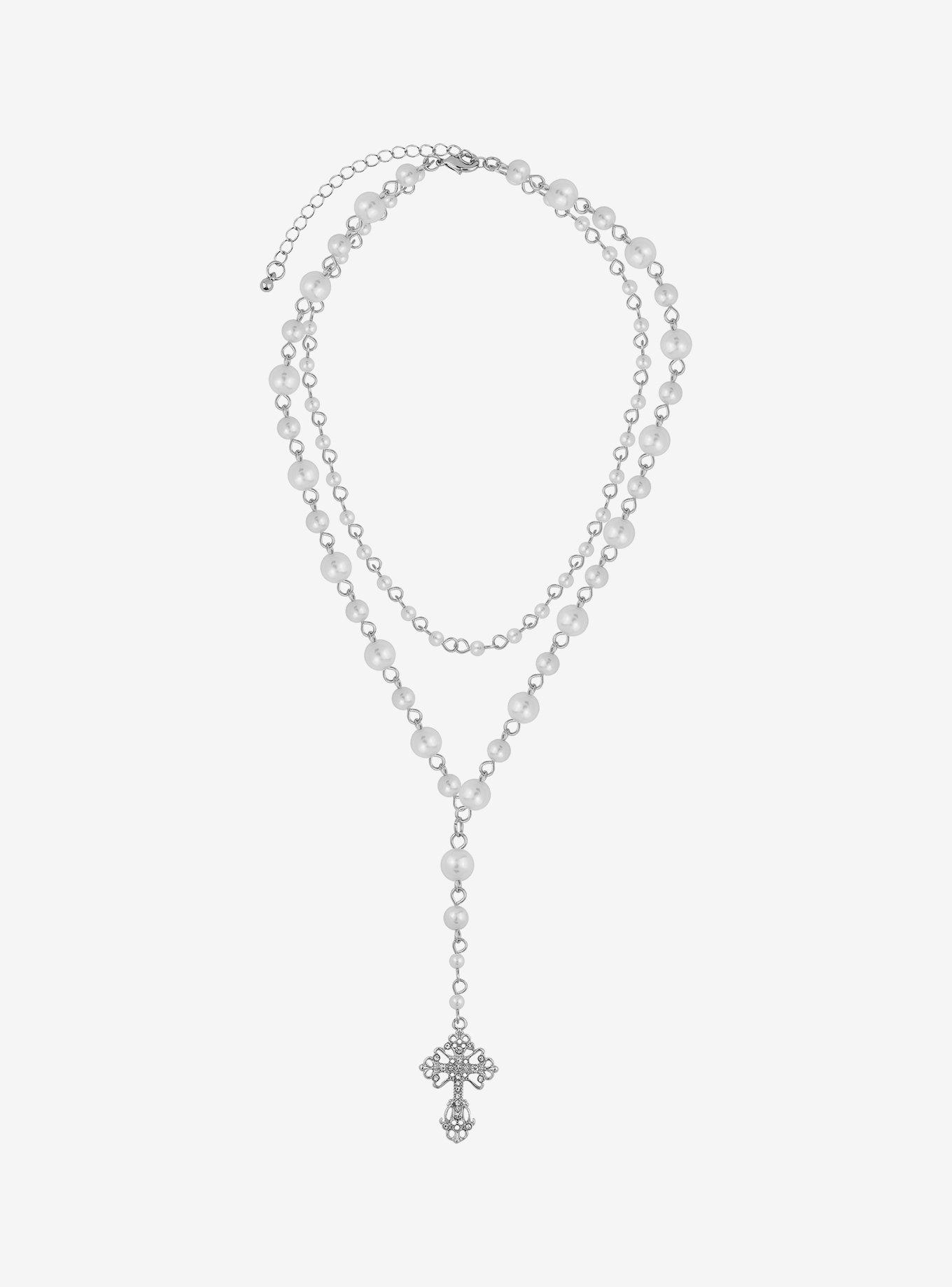 Pearl Cross Rosary Necklace, , alternate