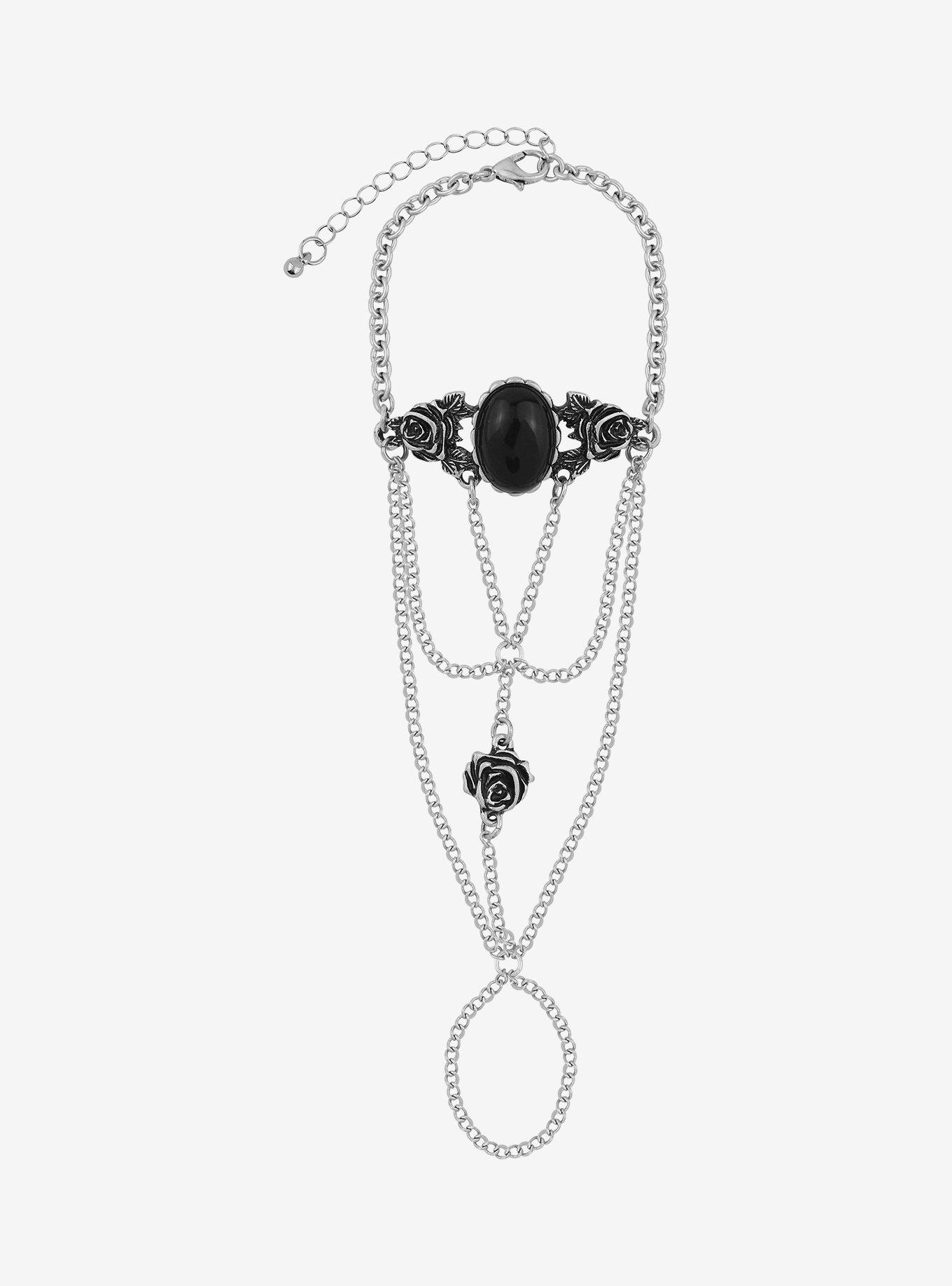 Black Gem Ornate Goth Hand Ring Bracelet, , alternate