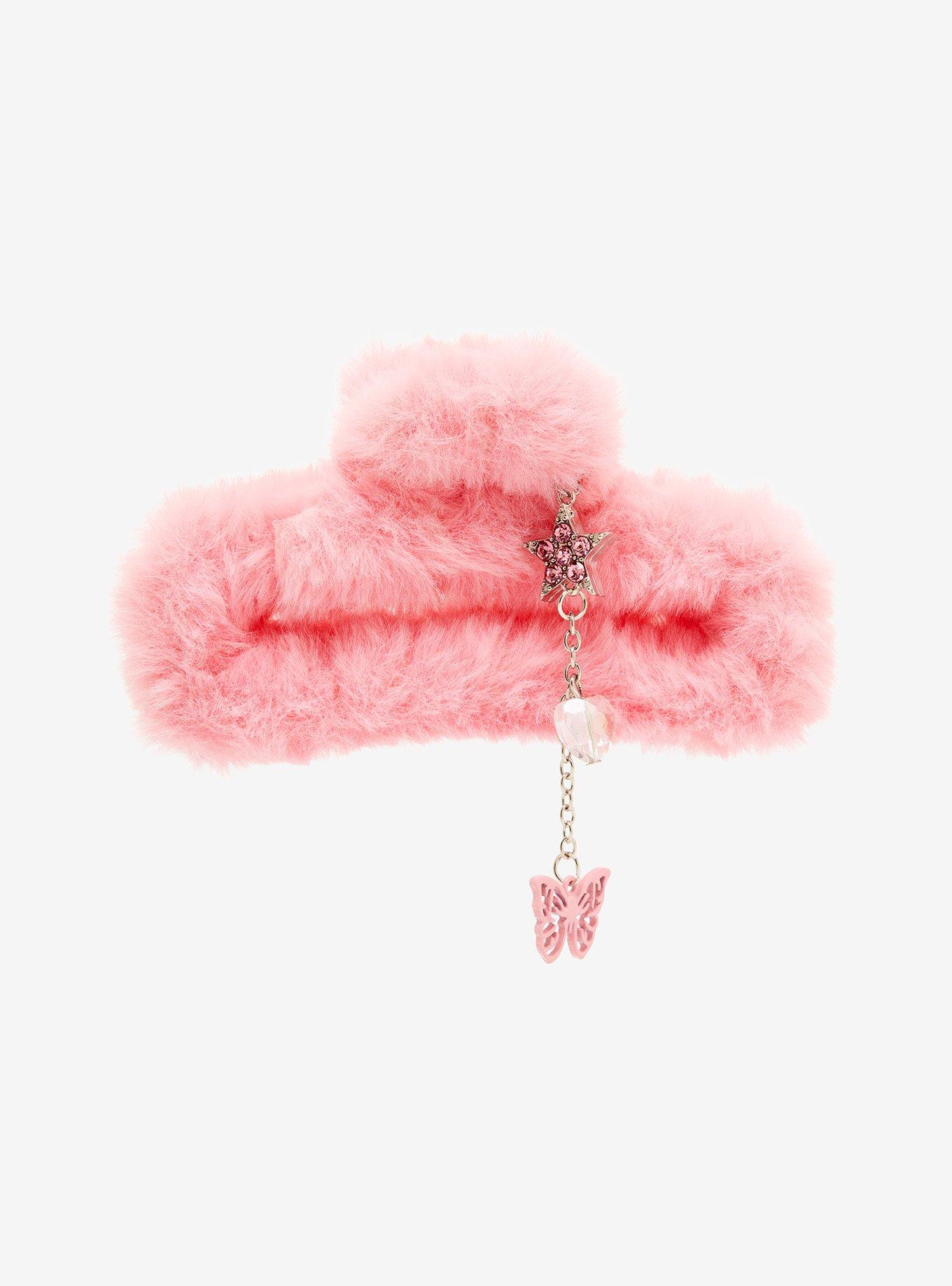 Pink Fuzzy Butterfly Charm Claw Hair Clip, , alternate