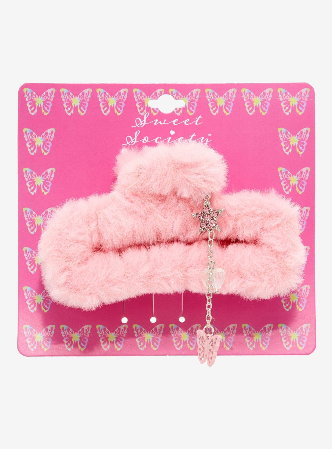 Pink Fuzzy Butterfly Charm Claw Hair Clip, , alternate