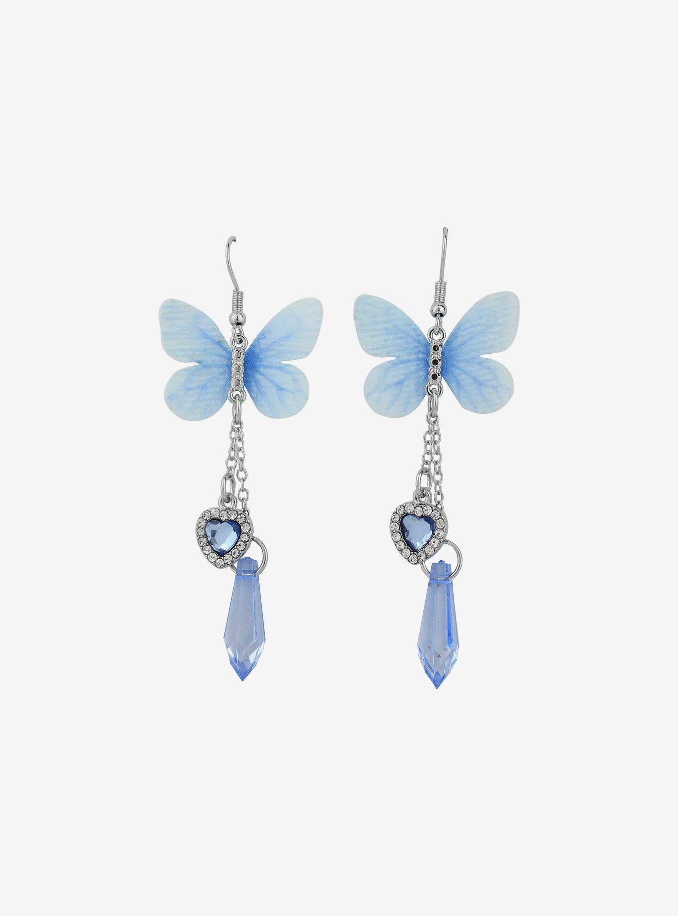 Blue Butterfly Crystal Drop Earrings, , alternate