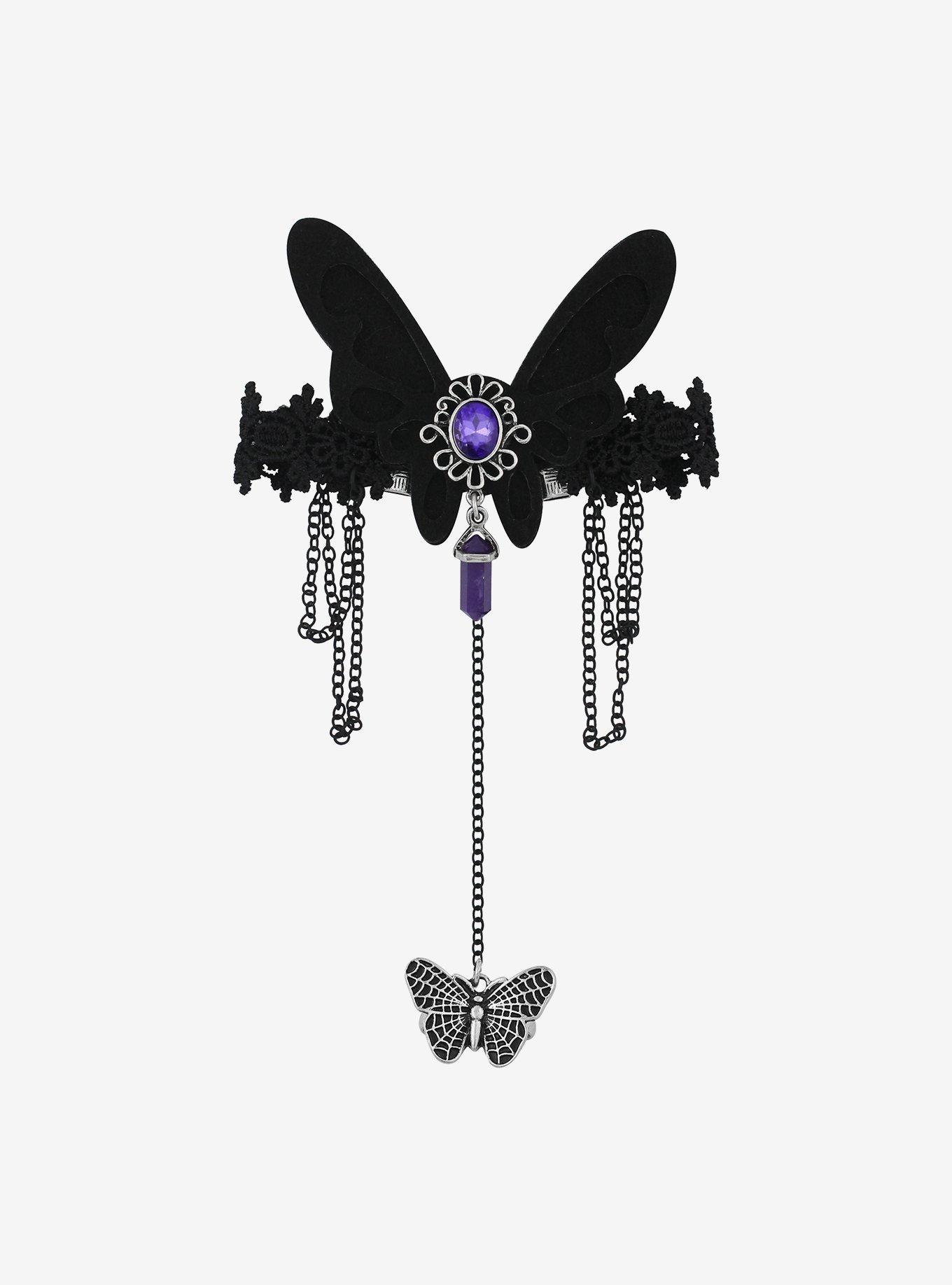 Black Butterfly Crystal Chain Hand Ring Bracelet, , alternate