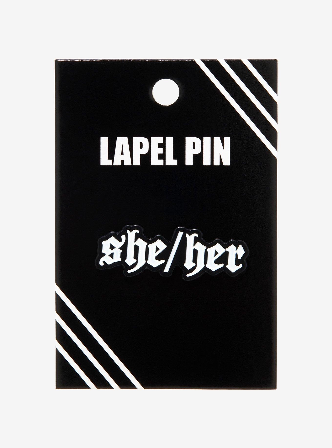 She/Her Pronoun Gothic Font Enamel Pin, , alternate