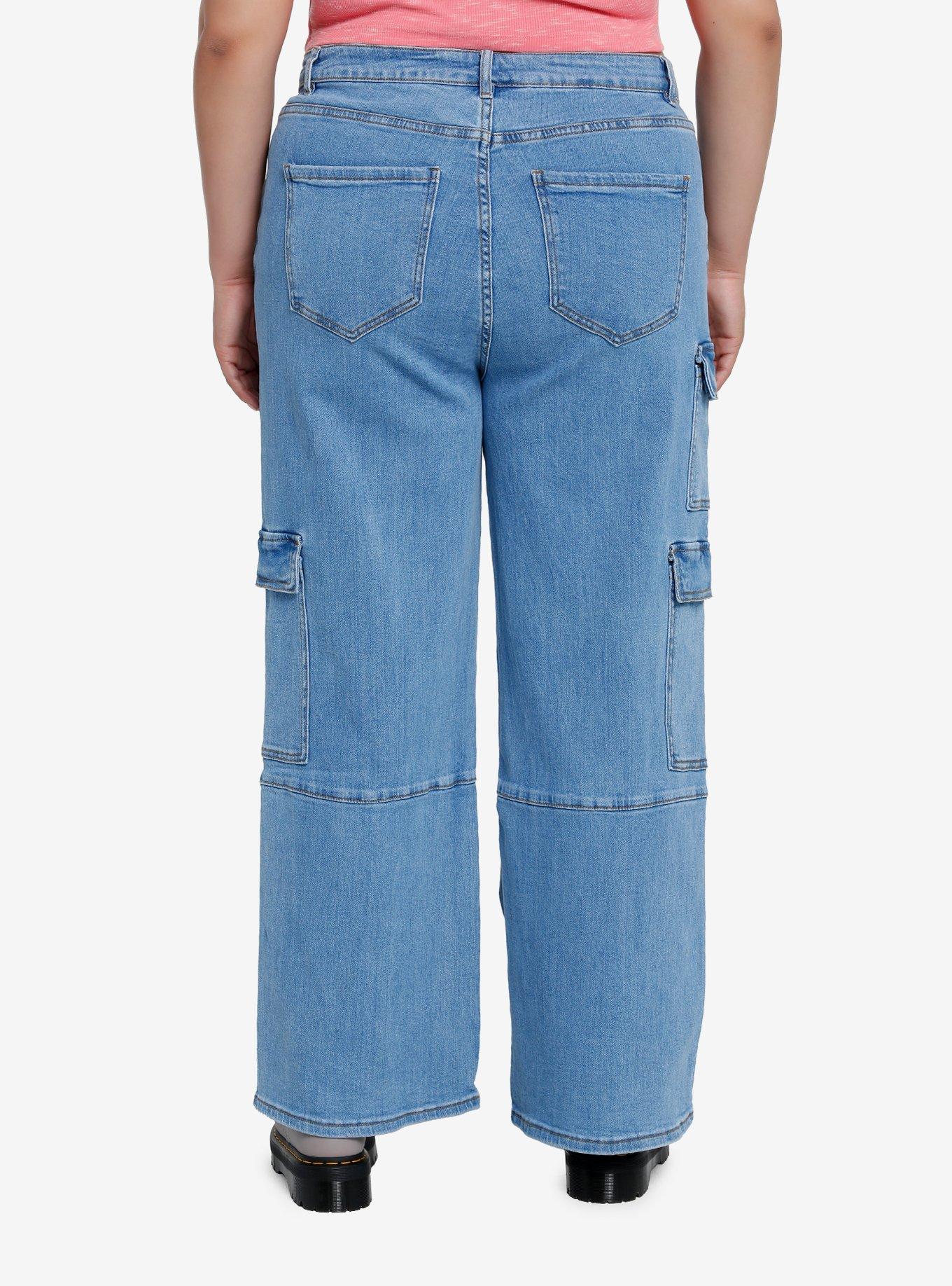 Indigo Wide Leg Cargo Denim Pants Plus Size, , hi-res