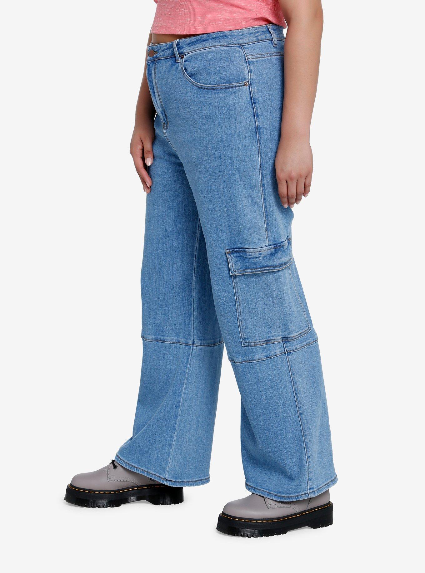 Indigo Wide Leg Cargo Denim Pants Plus Size, INDIGO, alternate