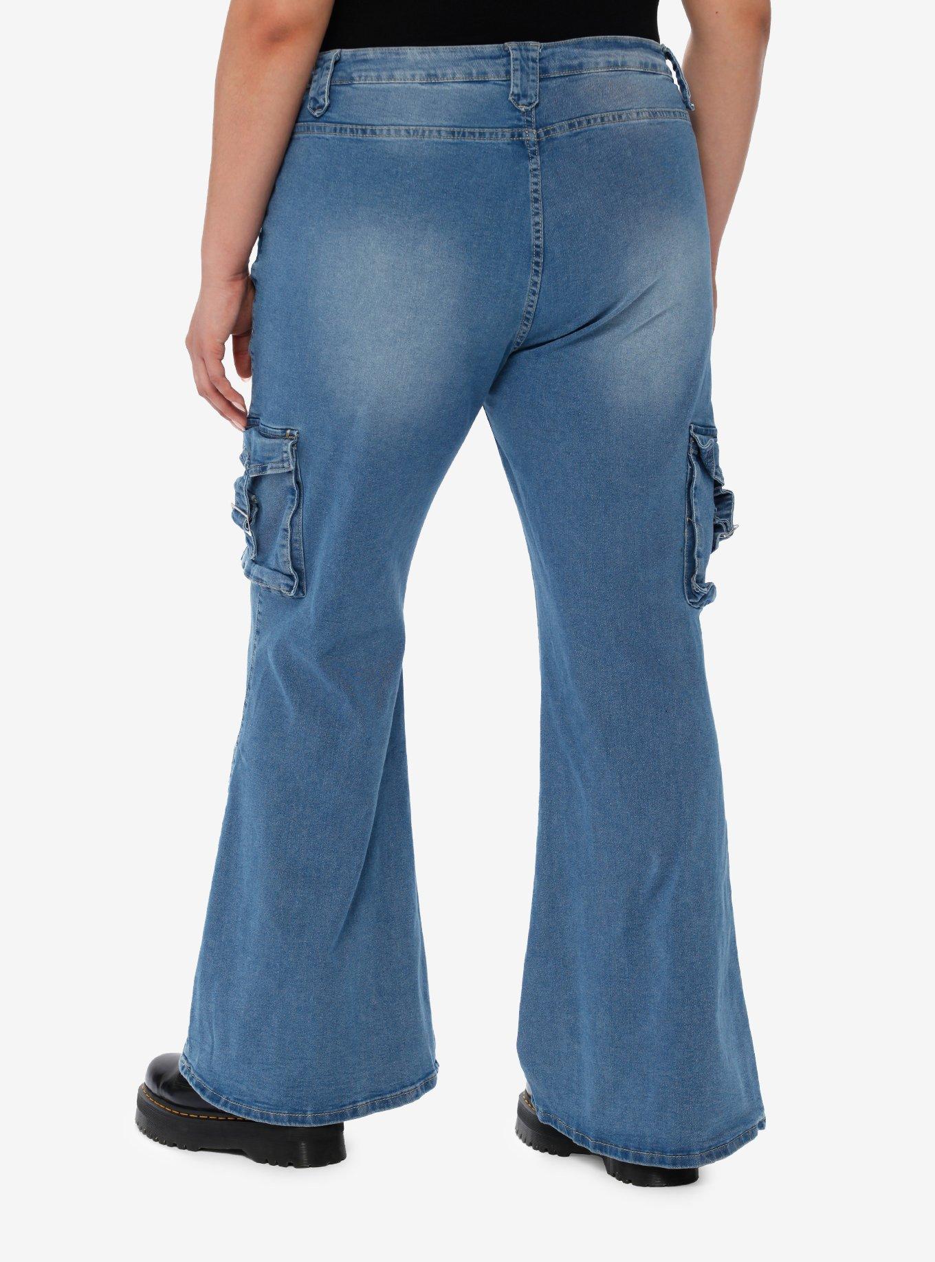 Indigo Multi-Pocket Denim Flare Jeans Plus Size, , hi-res