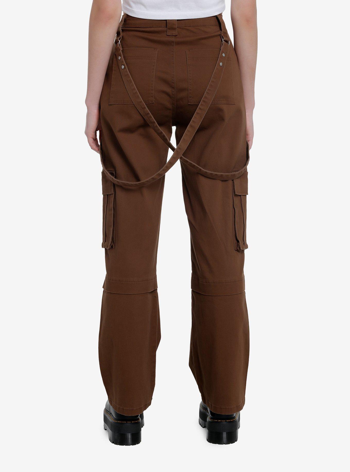 Brown Wide Leg Suspender Pants, BROWN, alternate