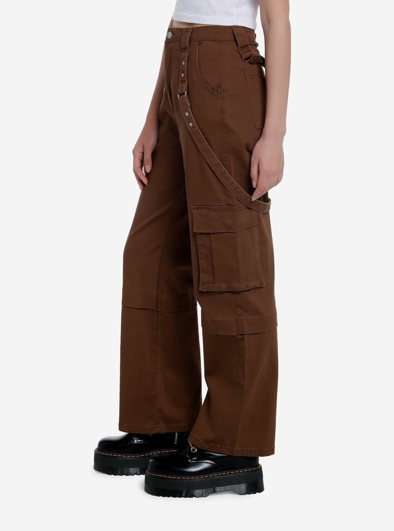 Brown Wide Leg Suspender Pants, BROWN, alternate