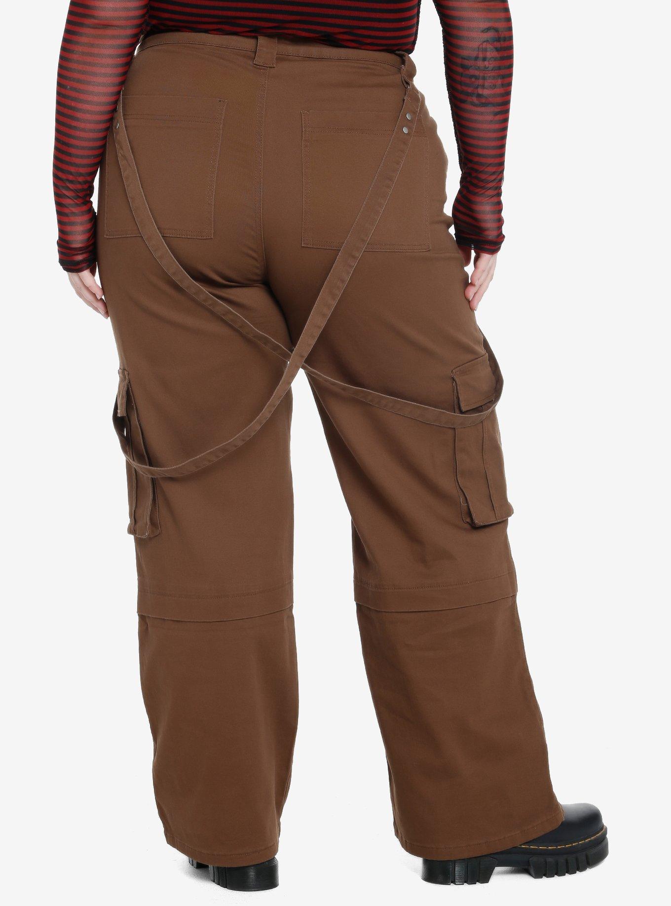 Brown Wide Leg Suspender Pants Plus Size, , hi-res