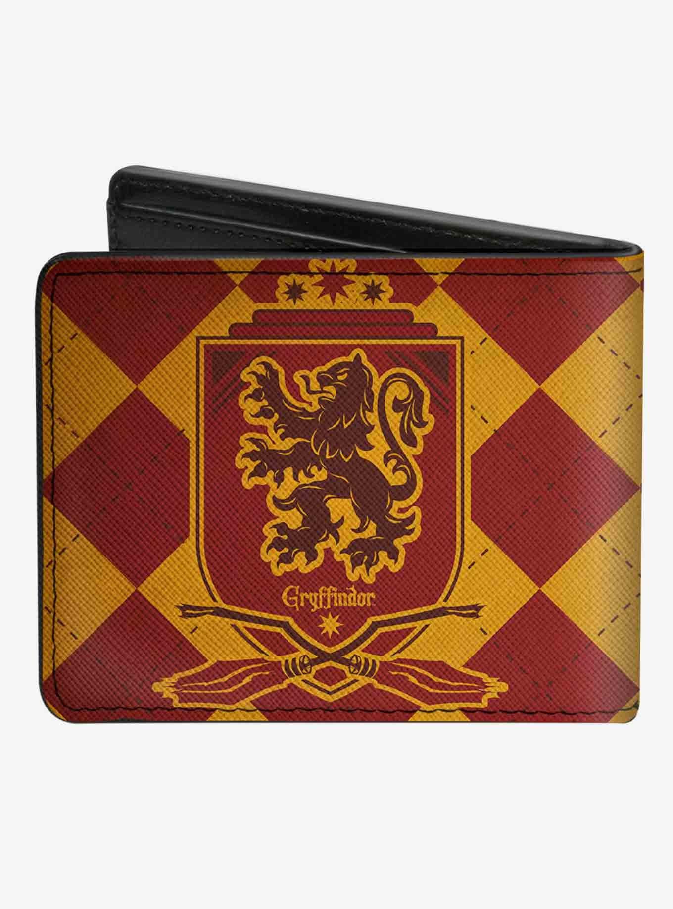Harry Potter Gryffindor Shield Brooms Argyle Burgundy Bifold Wallet, , alternate
