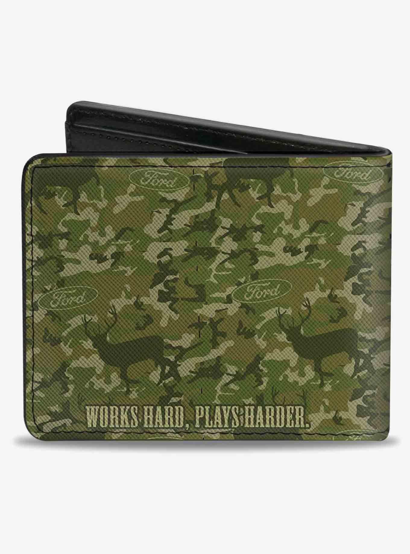 Ford Truck Works Hard Plays Harder Deer Hunter Camo Olive Bifold Wallet